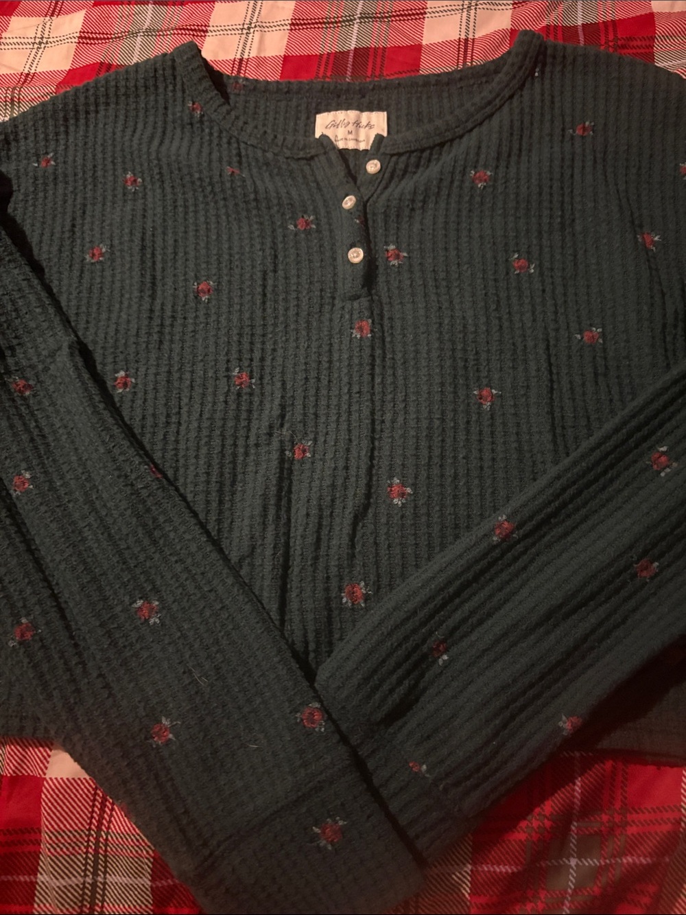 Gilly Hicks Dark Green Waffle Henley with Button Placket